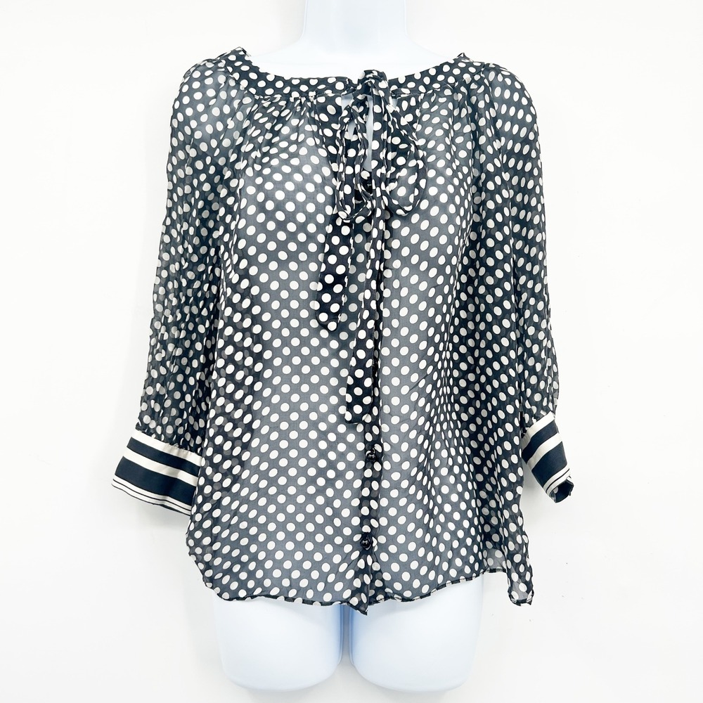 Milly Womens‎ Retro Black White Polka Dot Silk Tie Neck Parisian Chic Blouse 6